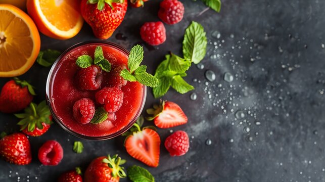 A glass of red berry smoothie with fresh fruit and mint leaves.