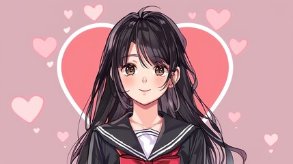 Cute anime girl with long black hair wearing a school uniform.