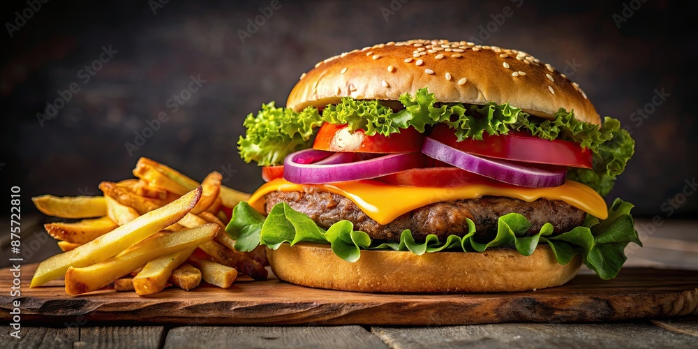 Sticker Classic American cheeseburger with juicy beef patty, melted cheese, fresh lettuce, tomatoes