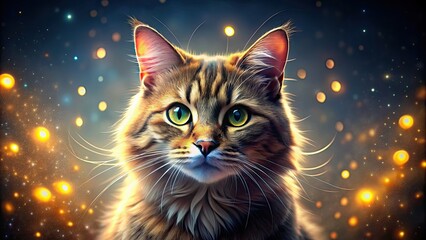 A striking image of a glowing cat with shimmering fur and bright eyes, glowing, cat, shiny, fur, bright, eyes, feline, pet