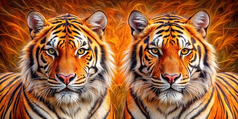 Abstract art representation of orange tigers showcasing the dual essence of the wild, wildlife, exotic, feline, vibrant