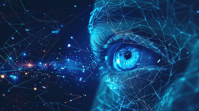 Human android cyborg eye futuristic control protection personal internet security access.Concept robot dna system, future scientific technology innovation science. Blue polygonal vector