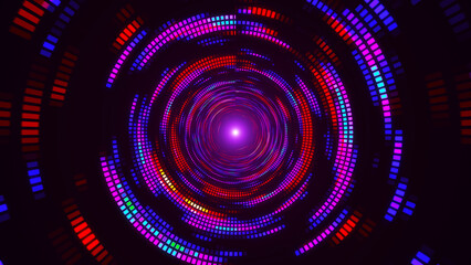 Bright colorful spiral. Colorful dotted spiral swirl circles. Green, yellow, blue, light blue and pink swirl pattern of round shaped dots. Glowing tunnel background, space landscape. 3D