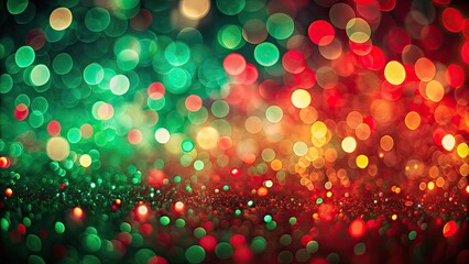 Abstract red and green bokeh background with blurred lights , Christmas, festive, holiday, shiny, celebration
