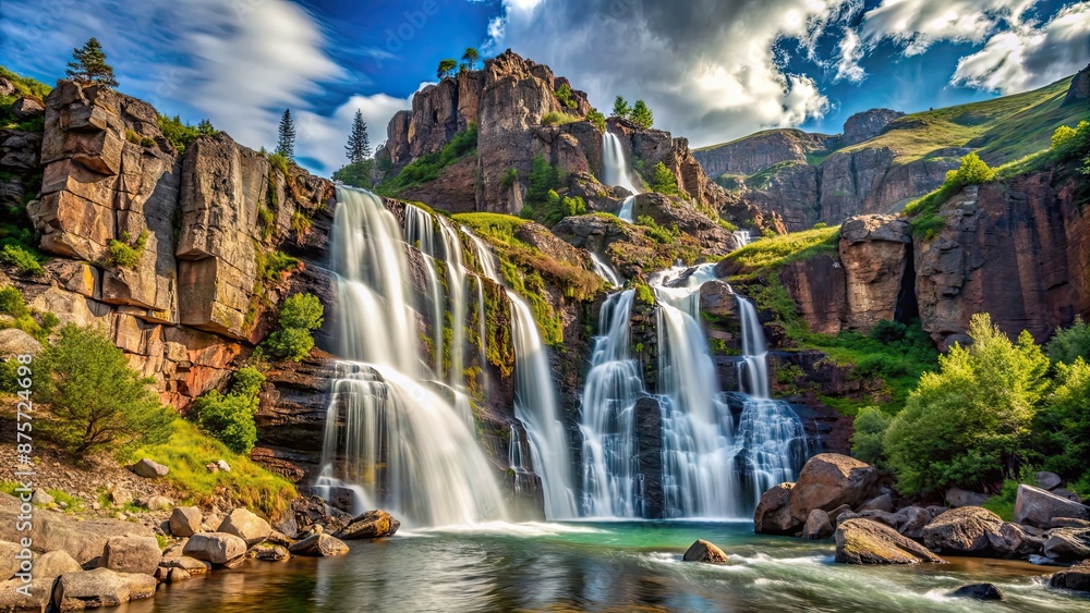 Wall mural Beautiful waterfall cascading down a rugged mountain landscape, waterfall, mountains, nature, scenic, cascading