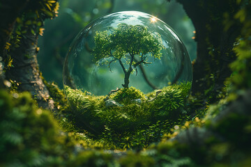 The fisheye represents the Earth. The trees sequester carbon in the presence of sunlight. They release oxygen, regulate the environment temperature 