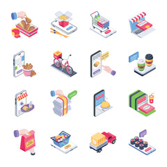 WebModern Isometric Icons of Restaurant Delivery 