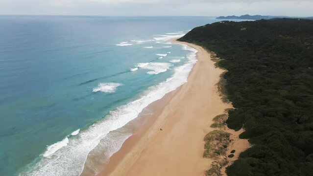 Aerial Forward Beautiful Shot Of Wavy Sea Coastline At Beach By Green Plants - Ponta do Ouro, Mozambique