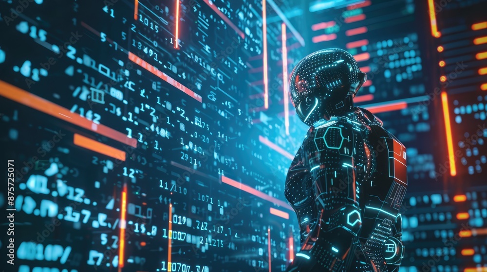 Poster futuristic ai coding agent surrounded by digital code, showcasing technological innovation in artifi