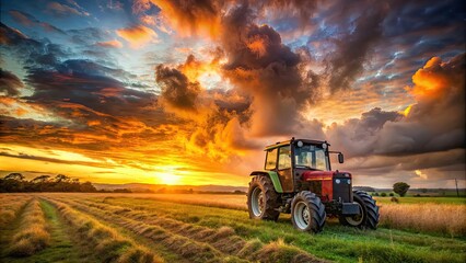 Fototapeta premium Abandoned tractor in field at dramatic sunset in English countryside, tractor, abandoned, field, landscape, summer