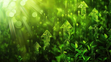 Green arrows symbolizing sustainable and ecological development, emphasizing environmental growth and eco-friendly progress on a dynamic background.