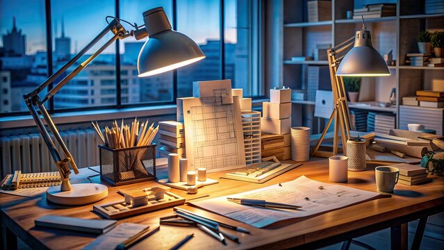 A cluttered drafting table with scattered papers, pencils, and architectural models surrounds a partially completed blueprint, illuminated by a single desk lamp.