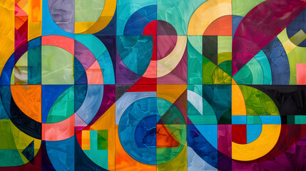 A colorful abstract painting with geometric shapes. The colors are bright and bold, including blues, greens, yellows, and reds. The geometric shapes include squares, rectangles, and circles. 