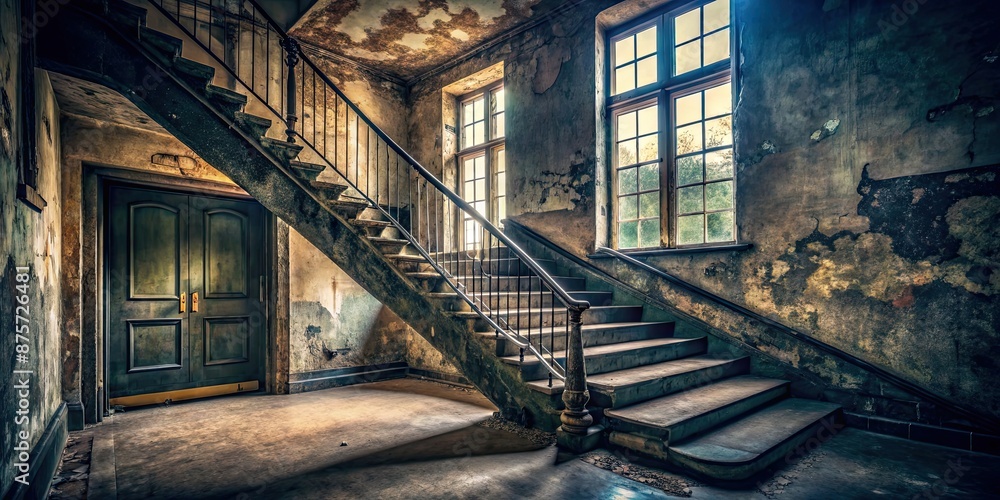 Sticker Ancient dark staircase with grunge interior in an empty building architecture with a window, ancient, dark, staircase