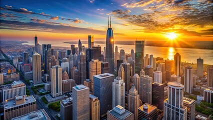 Aerial view of Chicago Downtown skyline at sunrise with sun rays, Chicago, skyline, aerial view, cityscape, sunrise