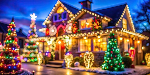 Fototapeta premium Blurred outdoor view of seasonal Christmas house lights decoration , holiday, festive, winter, illuminated, glow
