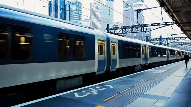 High-speed fast train passenger locomotive in motion at the railway station, the city is background