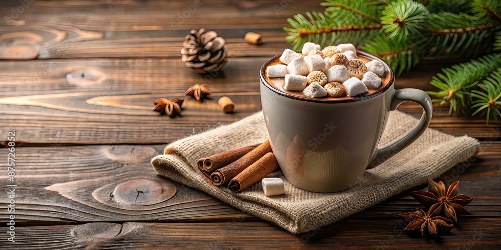 Wall mural A cozy cup of cocoa with marshmallows on a wooden table, hot drink, winter, comfort, hot chocolate, cocoa powder, marshmallows