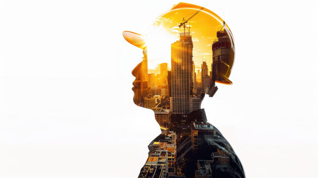 Double exposure of a construction worker and cityscape, isolated on a white background with a clipping path