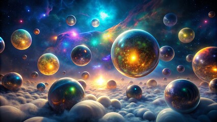 Vibrant luminescent orbs suspended in darkness, surrounded by nebulous wisps, evoking an otherworldly essence of futuristic technological splendor.