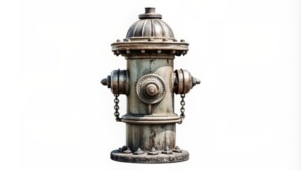 Naklejka premium Vintage urban infrastructure element isolated on white background, worn fire hydrant with intricate details in high-contrast monochrome tone.