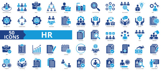 Human resources icon collection set. Containing employee, work, organization structure, business, industry, cycle economy, hr, concept icon. Simple flat vector.