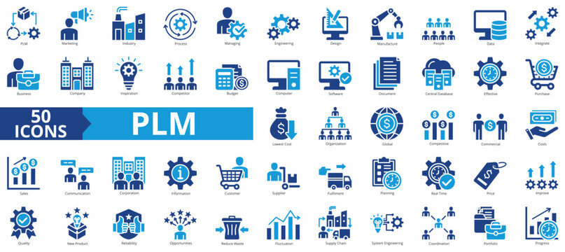 PLM icon collection set of product lifecycle management. Containing marketing, industry, process, managing, engineering, design, manufacture icon. Simple flat vector.