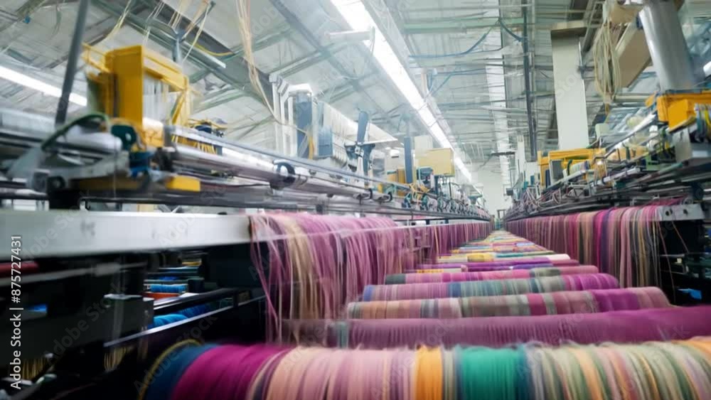 Poster textile factory workers operating weaving machines generative ai