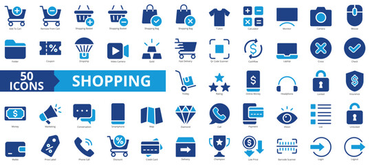 Shopping icon collection set. Containing add to cart, remove, basket, bag, t shirt, calculator, monitor icon. Simple flat vector.