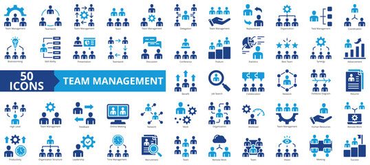 Team management icon collection set. Containing teamwork, delegation, replacement, organization, task, coordination, brainstorming icon. Simple flat vector.