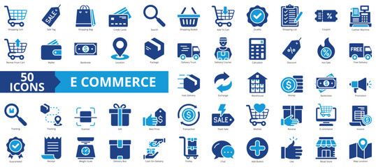 Ecommerce icon collection set. Containing shopping cart, sale tag, bag, credit cards, search, basket, quality icon. Simple flat vector.