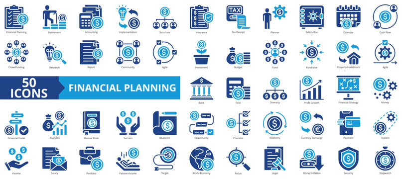 Financial planning icon collection set. Containing retirement, accounting, implementation, structure, insurance, tax receipt, planner icon. Simple flat vector.