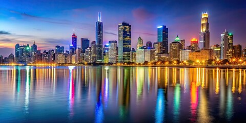 Fototapeta premium Chicago skyline illuminated at night with colorful lights reflected on Lake Michigan, Chicago, skyline, night