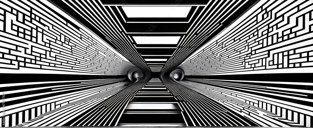 Wall mural black and white tunnel structure representing data and communication in abstract geometric pattern