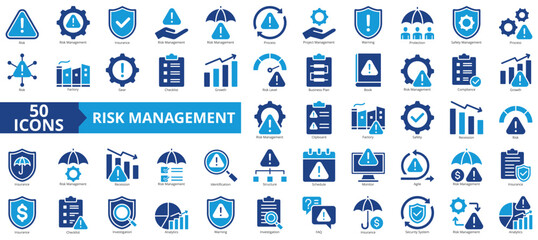Risk management icon collection set. Containing risk, insurance, process, project, warning, protection, safety icon. Simple flat vector.