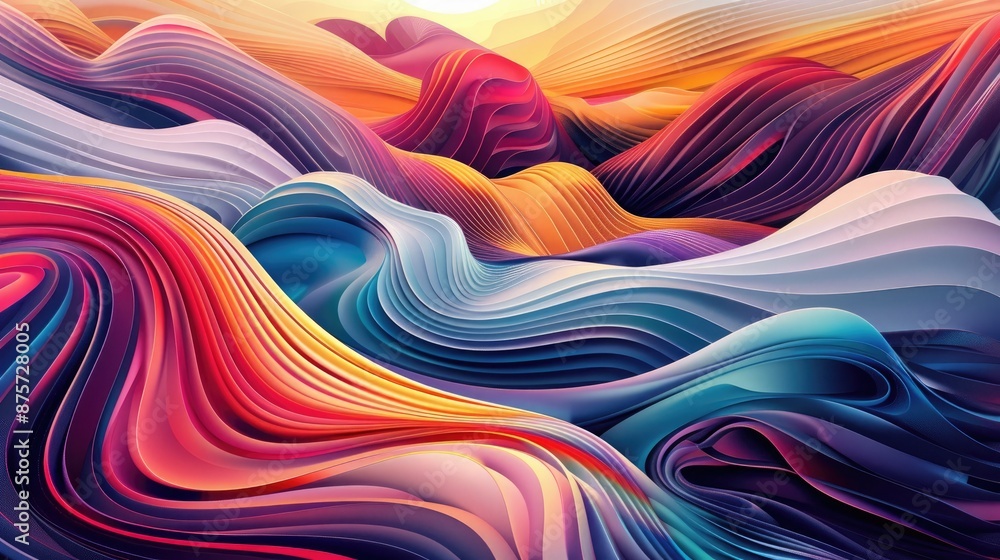 Poster an abstract landscape of colorful swirls and gradient waves, interspersed with bold geometric lines 