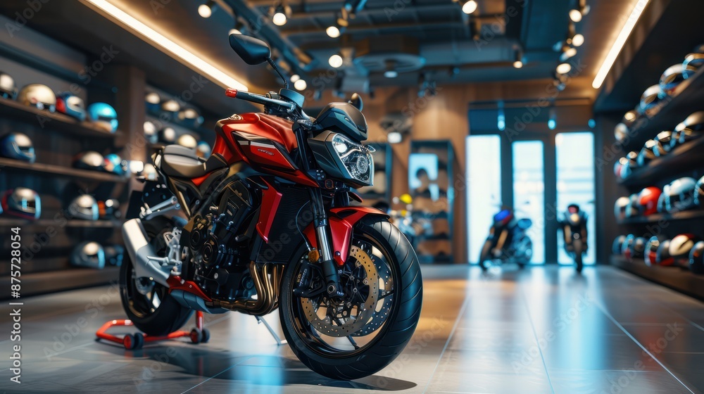 Poster a modern motorcycle prominently displayed in a showroom, highlighted by meticulous design and surrou