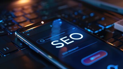 Screen of a smartphone with "SEO" text, emphasizing the significance of e-commerce search engine optimization.