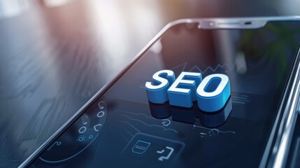 Screen of a smartphone with "SEO" text, emphasizing the significance of e-commerce search engine optimization.