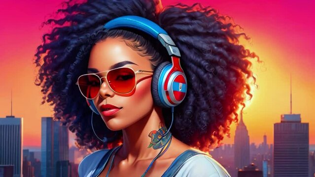 Person listening to music with headsets, ebony girl with curly hair wearing sunglasses with a tattoo on neck and city buildings in the background generative AI