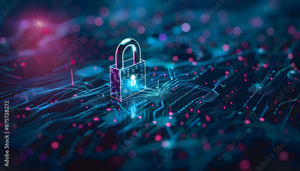 Poster digital padlock for computing system on dark blue background, cyber security technology for fraud pr