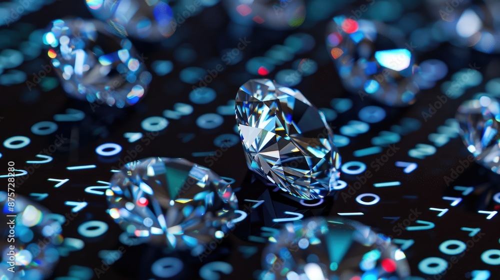 Poster sparkling diamonds with overlaid binary code symbols, representing the synergy between digital techn