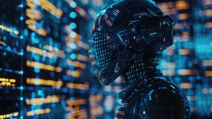 Fototapeta premium Visual representation of a futuristic AI coding agent, with digital code highlighting technological advancements in AI