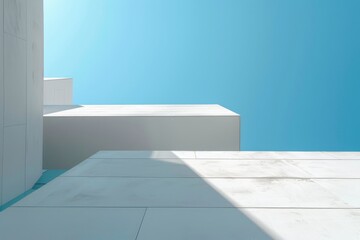 Fototapeta premium Minimalist architectural design, sharp white geometric structures under a clear blue sky, emphasizing simplicity and perspective