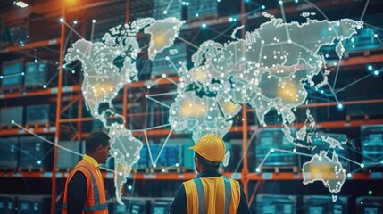 Warehouse employees analyze a digital supply chain map adorned with pins indicating global suppliers, emphasizing the intricate web of logistics and international trade connections