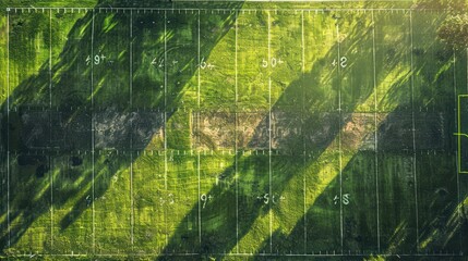 american football top view on green field.