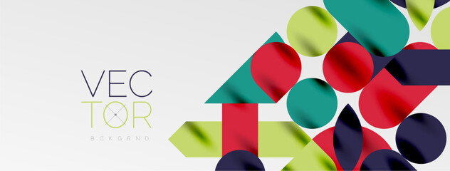 Mosaic geometric elements. Colorful circles, round geometric shapes and lines with shadow 3d effects. Simple forms abstract background for wallpaper, banner, template or landing