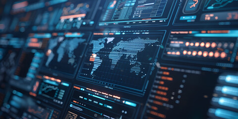 Obraz premium Interactive World Map: Explore Global Insights with Glowing Display, Future of Geography: High-Tech World Map with Interactive Features World Map Display: Enhance Knowledge with High-Resolution Screen