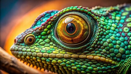 Fototapeta premium Vibrant green macro eye of a curious chameleon lizard with intricate scales and golden flecks on a mottled brown branch.