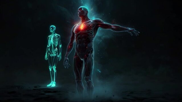 Anatomy of human body muscles and skeleton, concept of spirituality and soul two human bodies floating in space glowing in neon light, soul leaving body generative AI